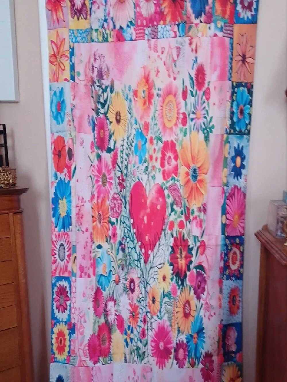 Boho Vibrant Floral Heart Curtain Panel in Pink, Blue, Yellow
